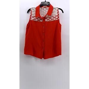 LILI & LALA Women's Orange-White Embroidered Mesh Sleeveless Button-Up Top SZ M